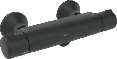 Schwarze Brausebatterie von HANSA mit zwei runden Wandmontageplatten, Regler zur Temperatureinstellung und ECO-Funktion.